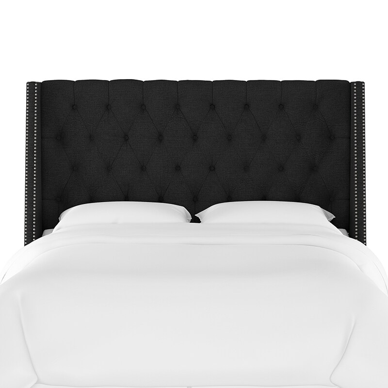 Skyline Twin Nail Button Tufted Wingback Headboard in Linen - Black, Black, hires