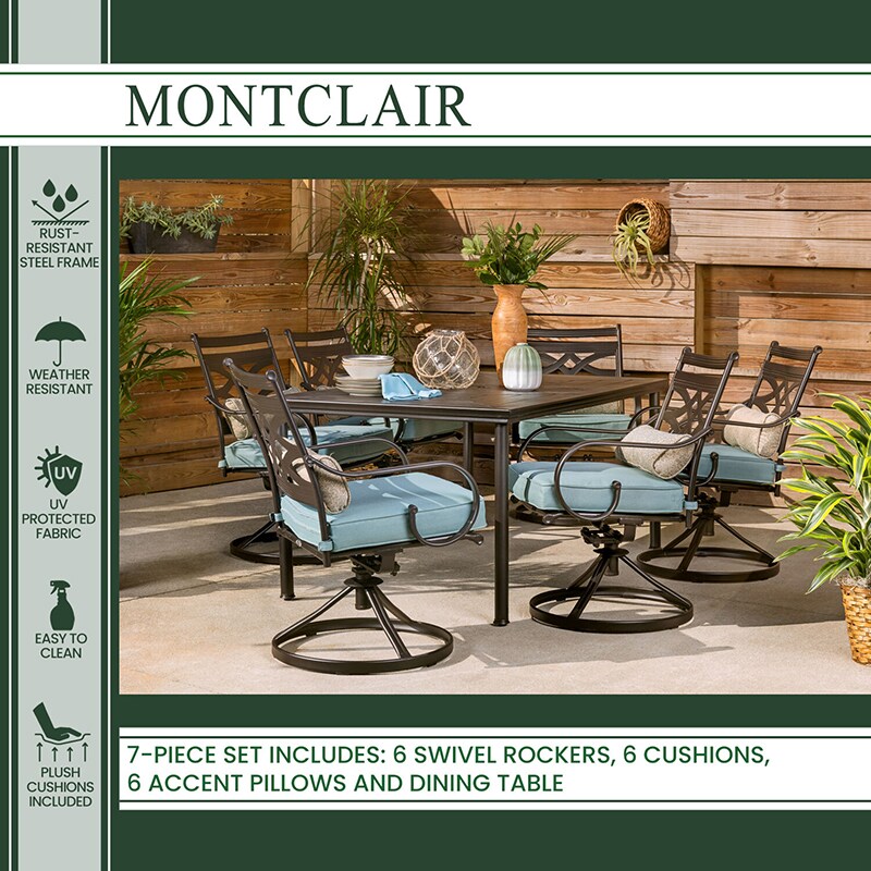 Hanover Montclair 7-Piece Dining Set with 6 Swivel Rockers - Ocean Blue, , hires