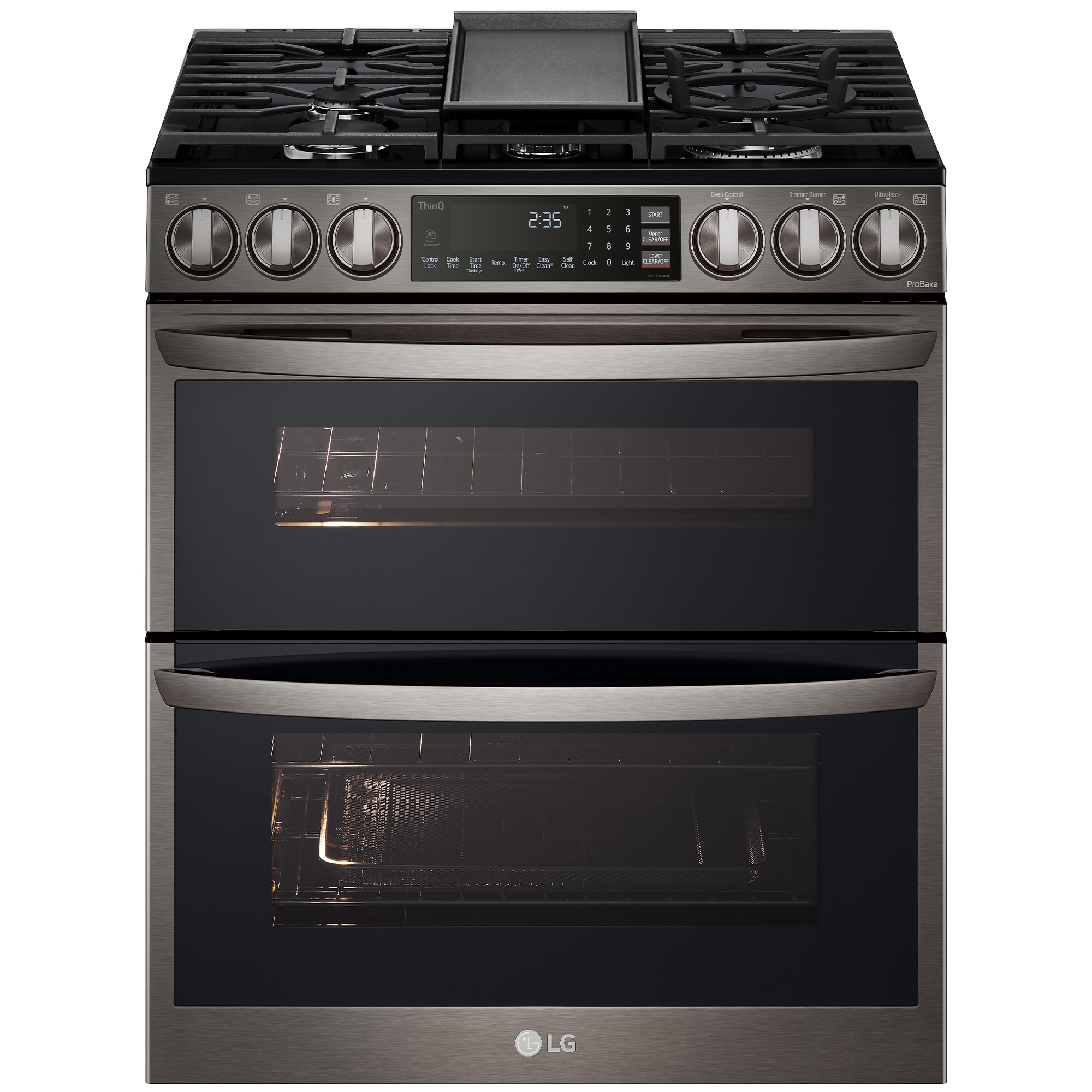 LG InstaView 30 in. 6.9 cu. ft. Smart Air Fry True European Convection Double Oven Slide-In Gas Range with 5 Sealed Burners & Griddle - PrintProof Black Stainless Steel, PrintProof Black Stainless Steel, hires