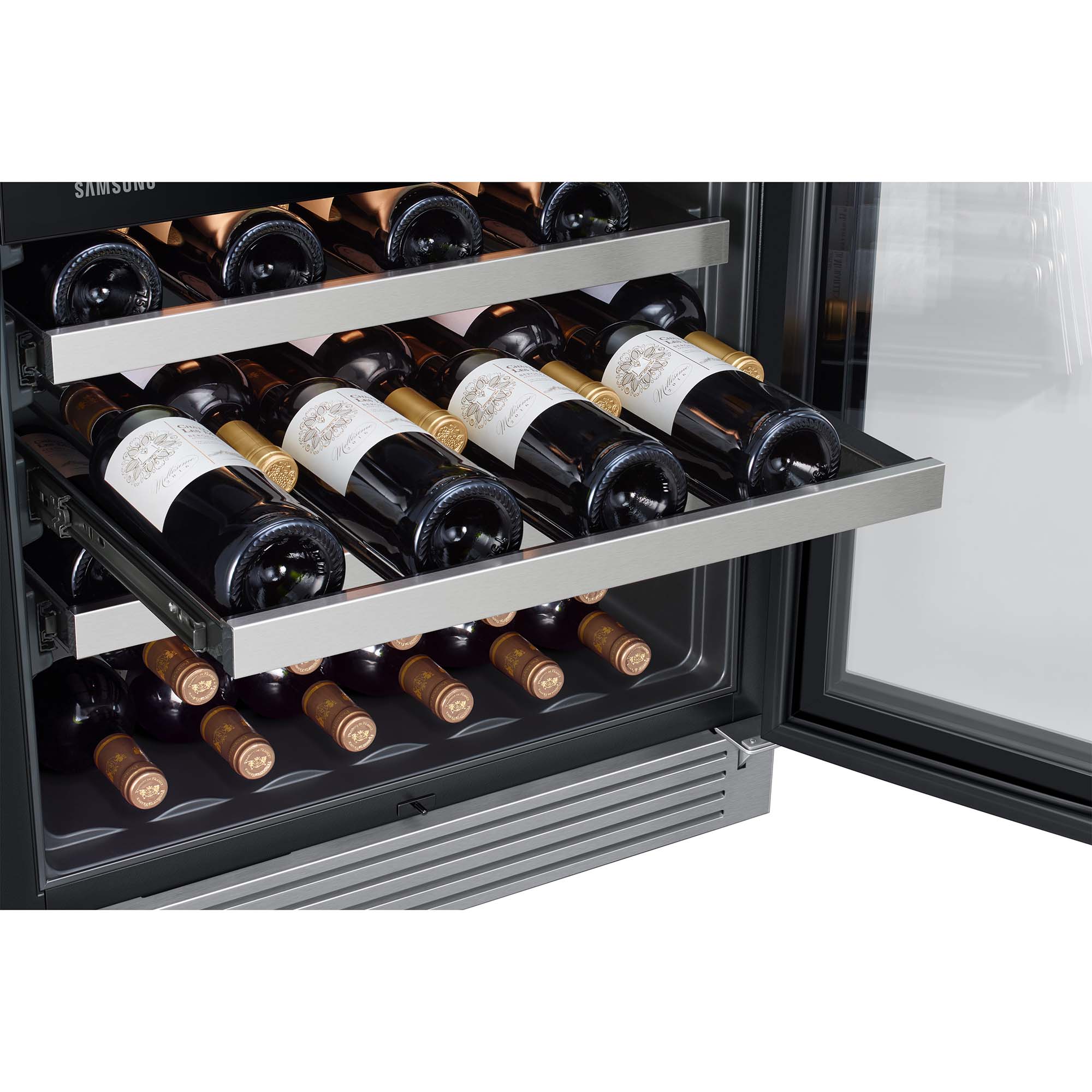 Samsung 24 in. Undercounter Wine Cooler with Wire Racks, Dual Temperature Zones & 51 Bottle Capacity - Stainless Steel, , hires