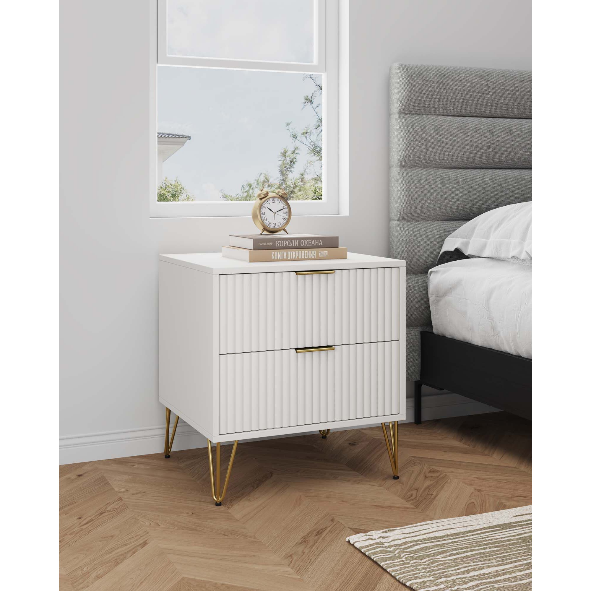 Manhattan Comfort DUMBO 2.0 Modern Nightstand with 2 Drawer & Metal Feet - White, White, hires