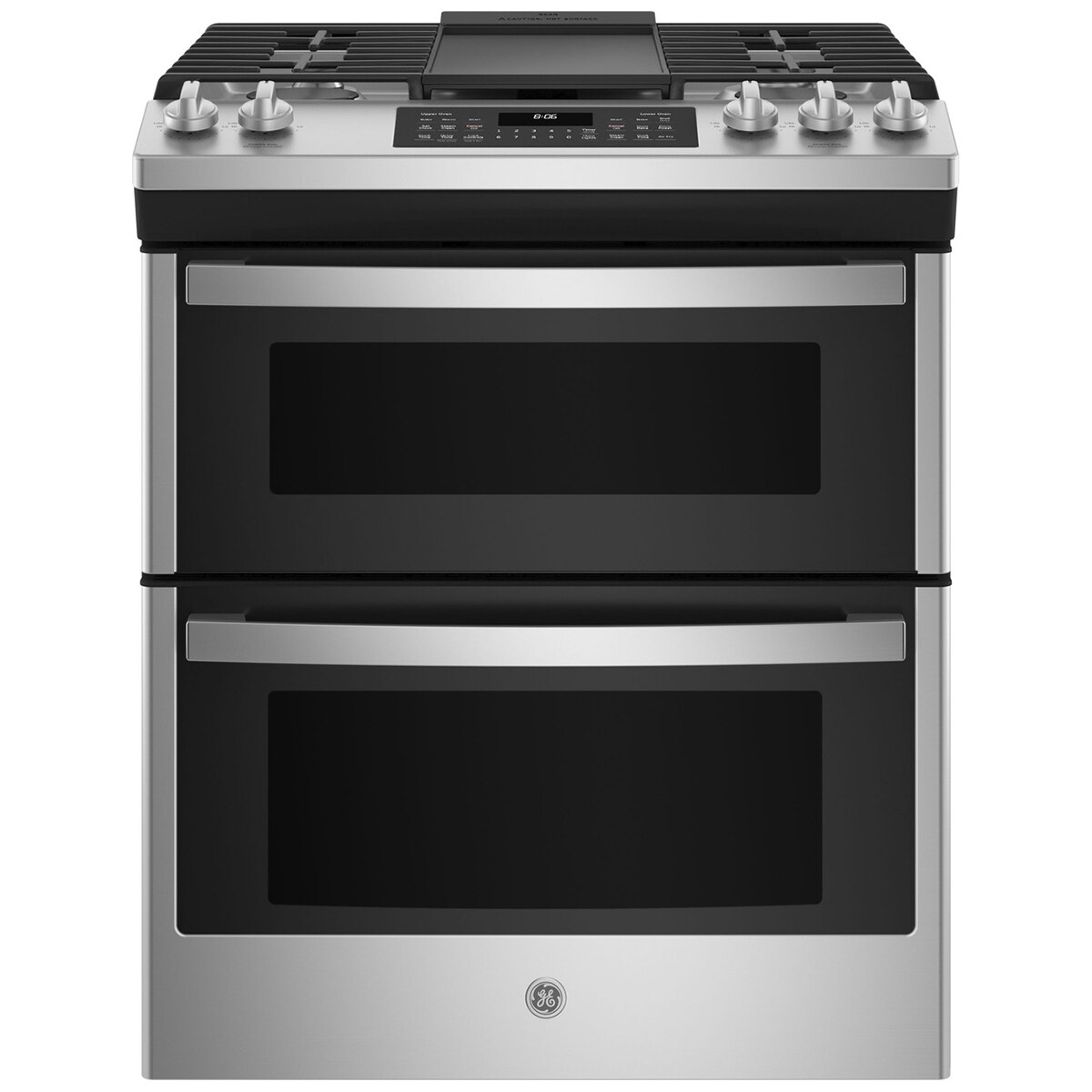 GE 30" SlideIn Gas Range with 5 Sealed Burners, Griddle & 6.7 Cu. Ft. Double Oven Stainless