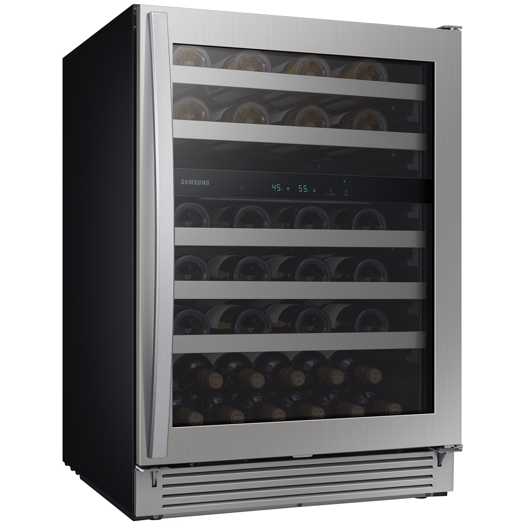 Samsung 24 in. Undercounter Wine Cooler with Wire Racks, Dual Temperature Zones & 51 Bottle Capacity - Stainless Steel, , hires