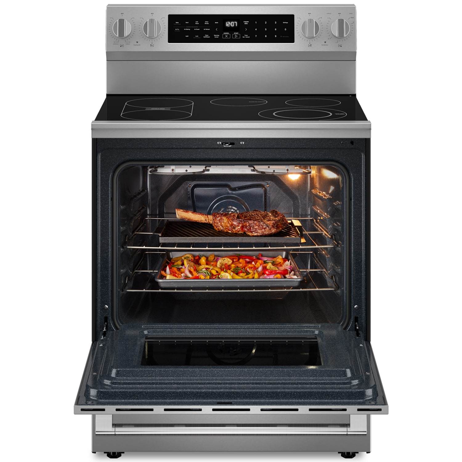 Maytag 30 in. 5.3 cu. ft. Smart Air Fry Standard Convection Electric Range with Radiant Burners, Grill & Griddle - Fingerprint Resistant Stainless, , hires