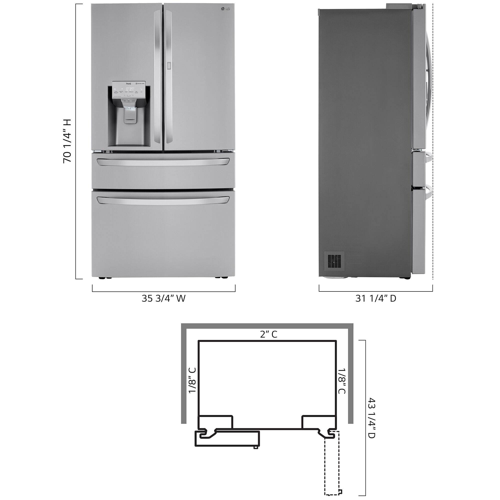 LG 36 in. 22.5 cu. ft. Smart Counter Depth 4-Door French Door Refrigerator with Ice & Water Dispenser - PrintProof Stainless Steel, PrintProof Stainless Steel, hires