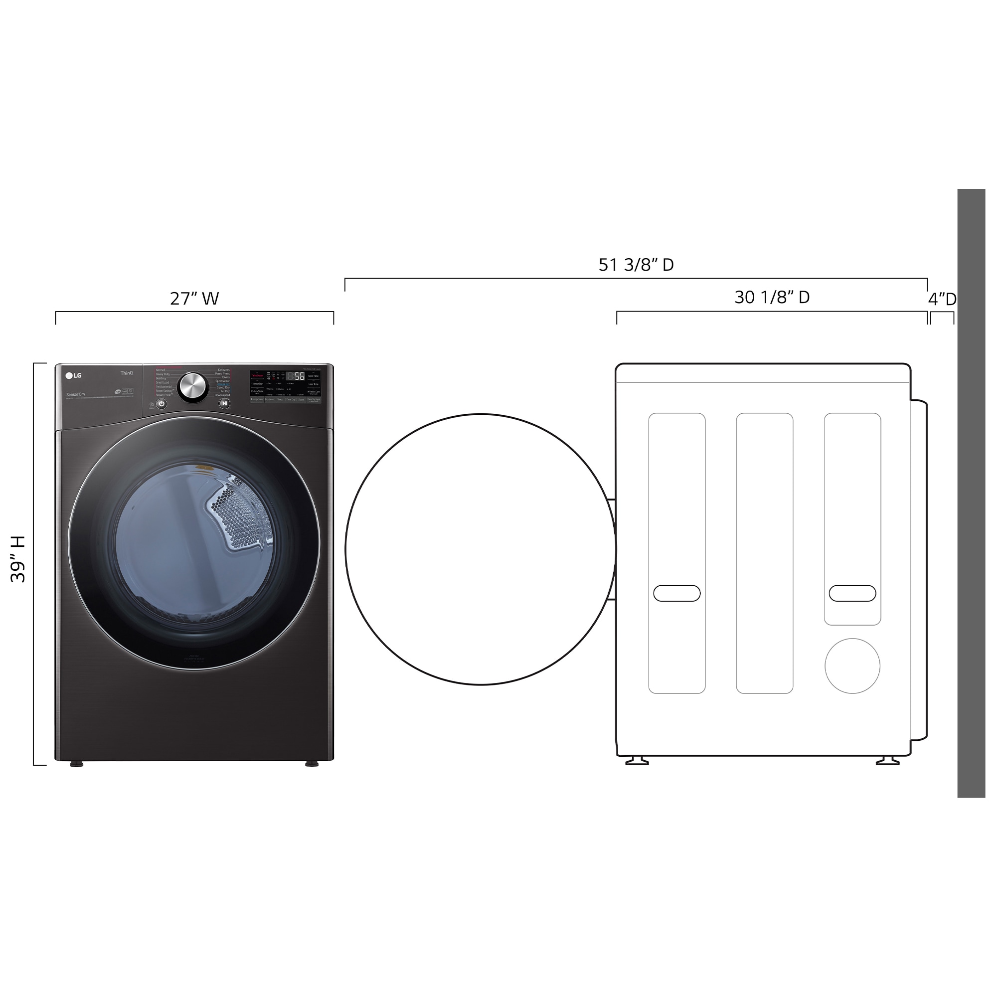 LG 27 in. 7.4 cu. ft. Smart Stackable Round-Door Electric Dryer with Tempered Glass, Built-In Intelligence, Sensor Dry, Turbo Steam, Sanitize & Steam Cycle - Black Steel, Black Steel, hires