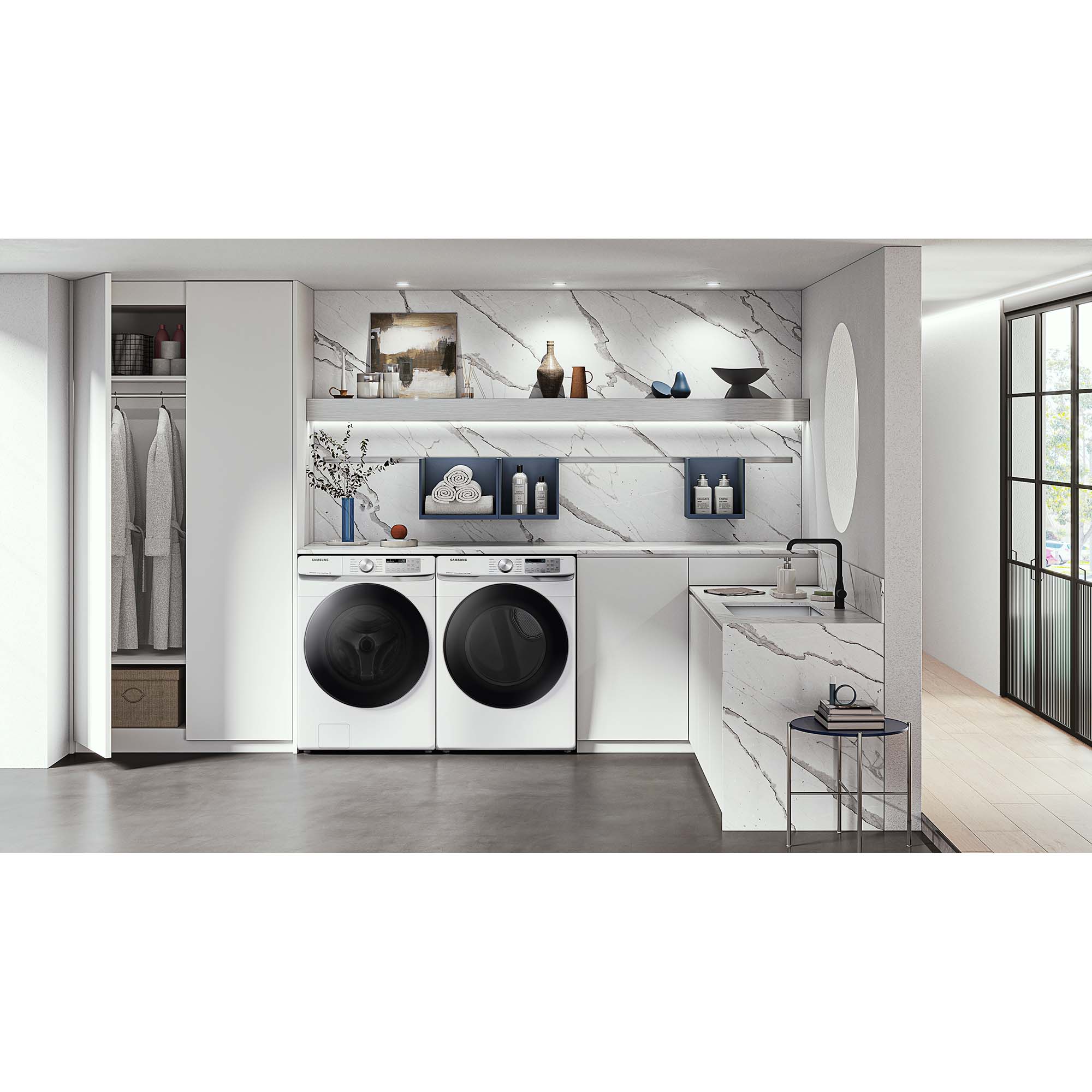 Samsung 27 in. 7.5 cu. ft. Smart Stackable Electric Dryer with Sanitize+, Steam Cycle & Sensor Dry - White, White, hires