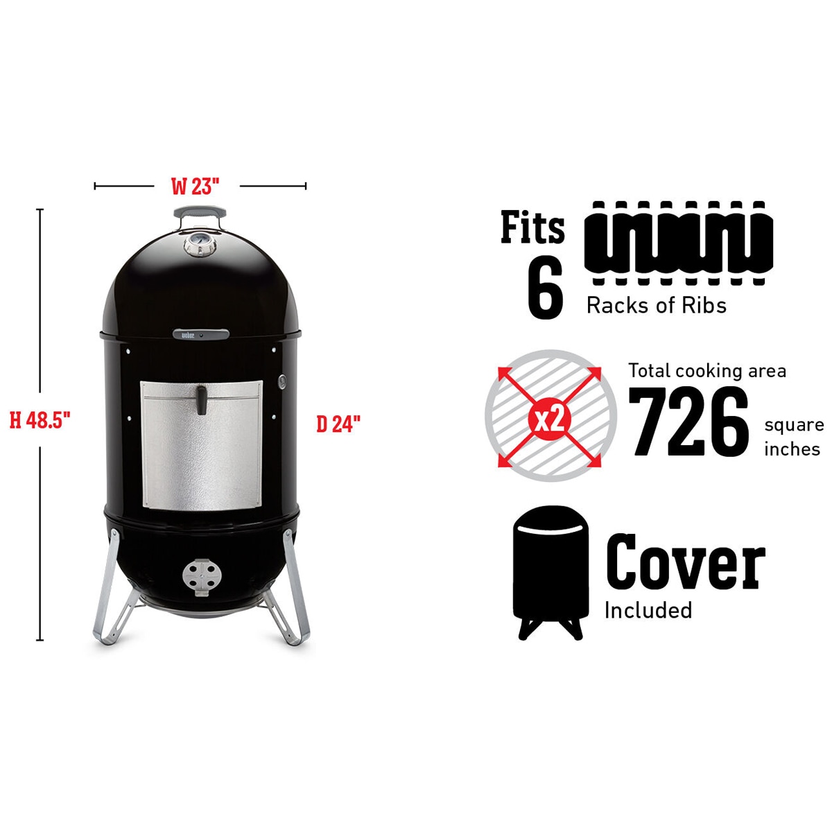 Weber Smokey Mountain 22 in. 2-Rack Charcoal Smoker with Built-In Thermometer - Black, , hires