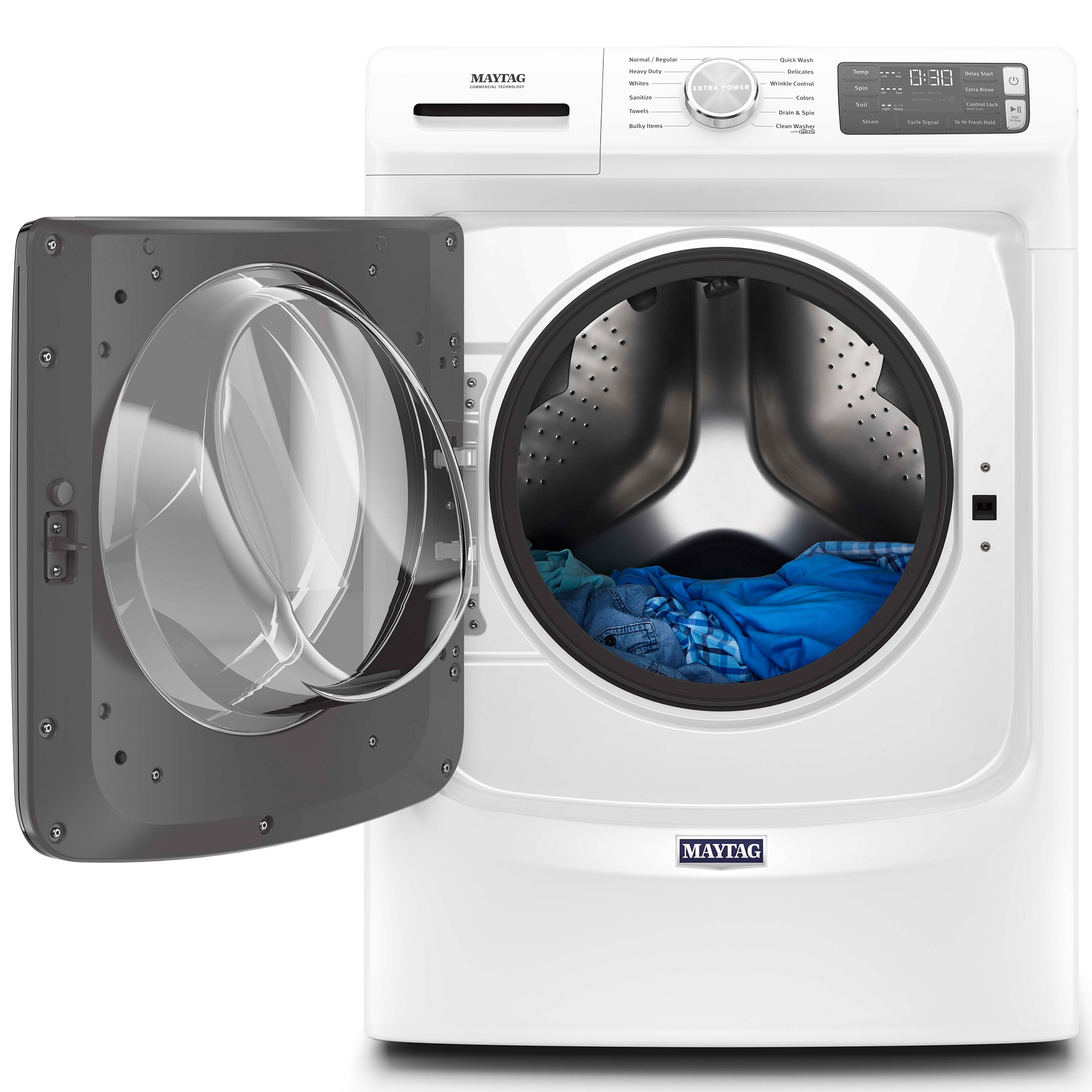 Maytag 27 in. 4.8. cu. ft. Stackable Front Load Washer with Extra Power, 16-Hr Fresh Hold Option, Sanitize & Steam Wash Cycle - White, White, hires