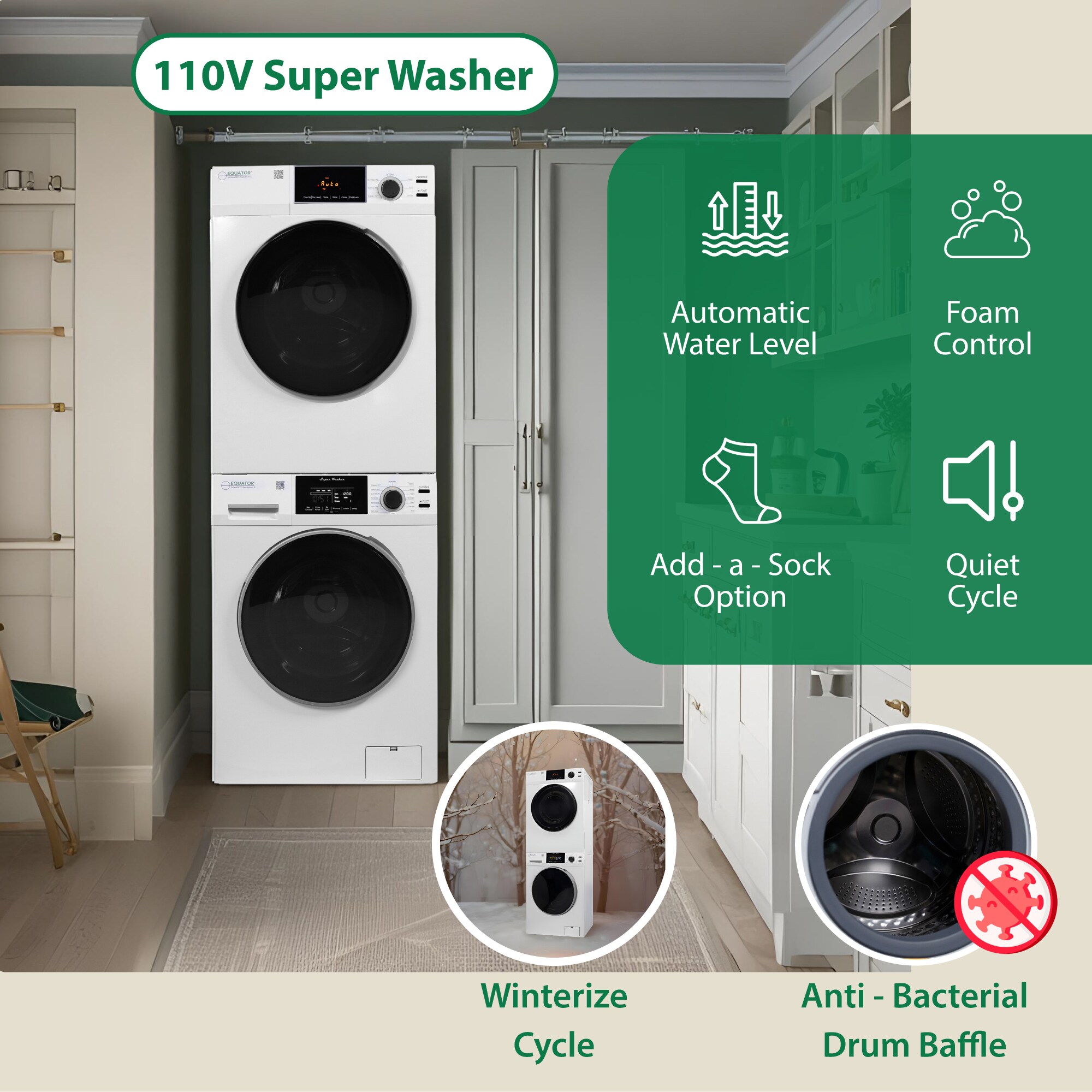Equator 24 in. 1.9 cu. ft. Electric Front Load Laundry Center with Sanitize Cycle & Sensor Dry - White, , hires