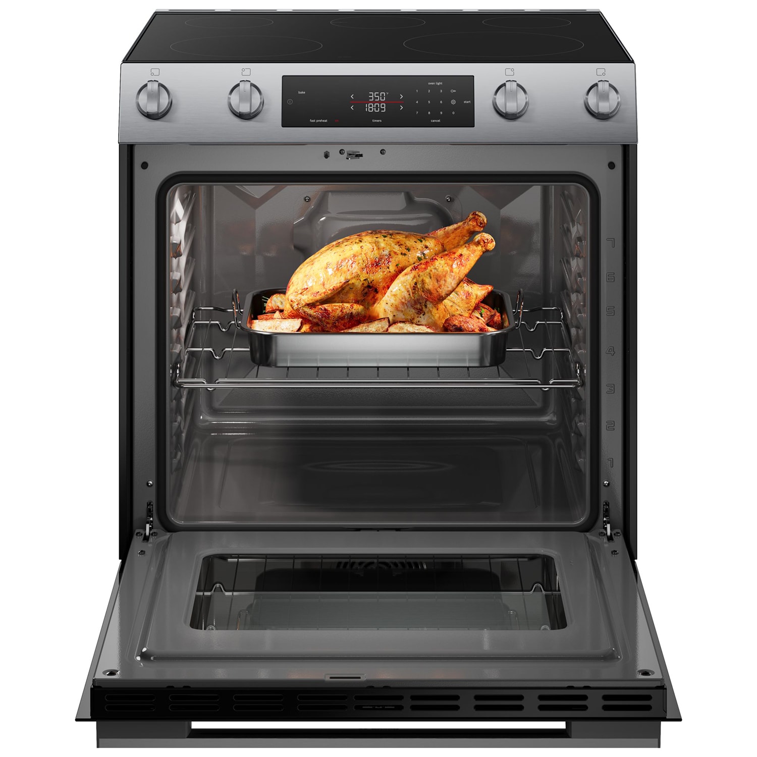 Bosch 100 Series 30 in. 5.8 cu. ft. Air Fry Standard Convection Slide-In Electric Range with Smoothtop Burners - Stainless Steel, , hires
