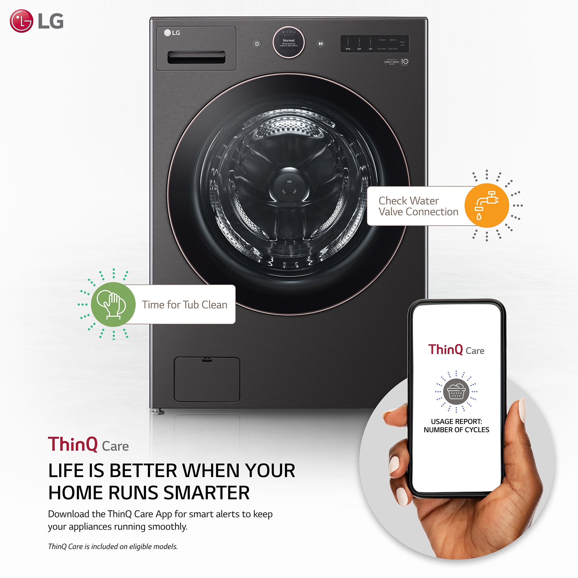 LG 27 in. 5.0 cu. ft. Smart Stackable Front Load Washer with AI DD Built-In Intelligence, TurboWash 360 Technology, Allergiene, Sanitize & Steam Wash Cycle - Black, Black Steel, hires
