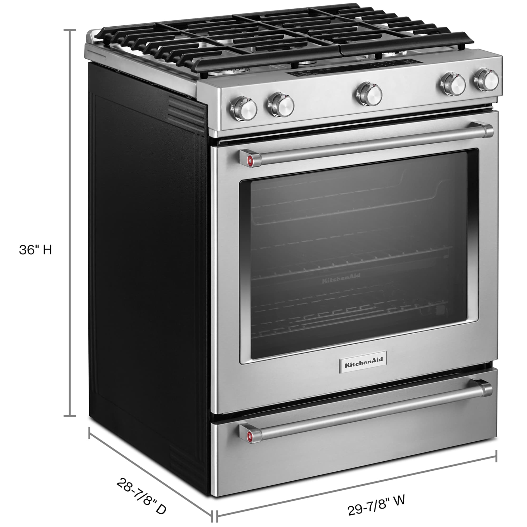 KitchenAid 30 in. 6.5 cu. ft. True European Convection Slide-In Gas Range with 5 Sealed Burners & Griddle - Stainless Steel, , hires