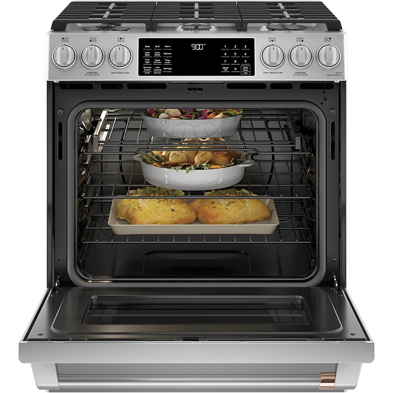 Cafe 30" SlideIn Dual Fuel Range with 6 Sealed Burners, Griddle, 5.7 Cu. Ft. Single Oven