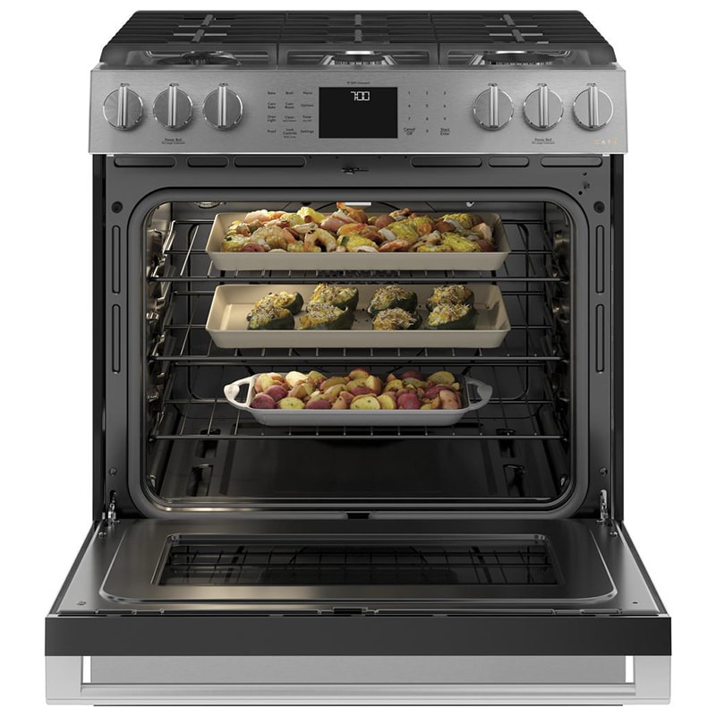 Cafe 30 in. 5.6 cu. ft. Smart Air Fry True European Convection Slide-In Gas Range with 6 Sealed Burners & Griddle - Platinum Glass, Platinum Glass, hires