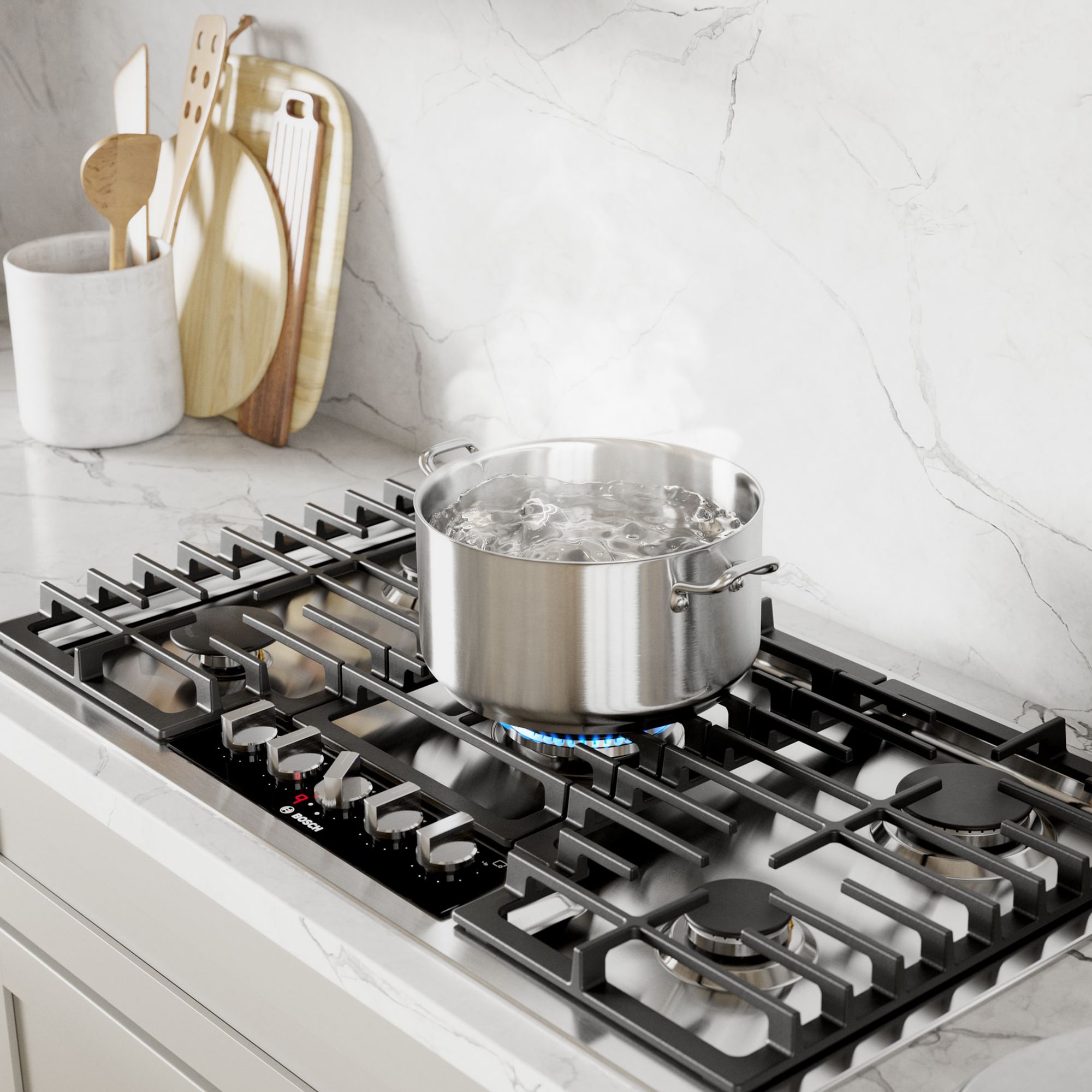 Bosch Benchmark 36 in. 5-Burner Natural Gas Cooktop with Simmer Burner & Power Burner - Stainless Steel, , hires