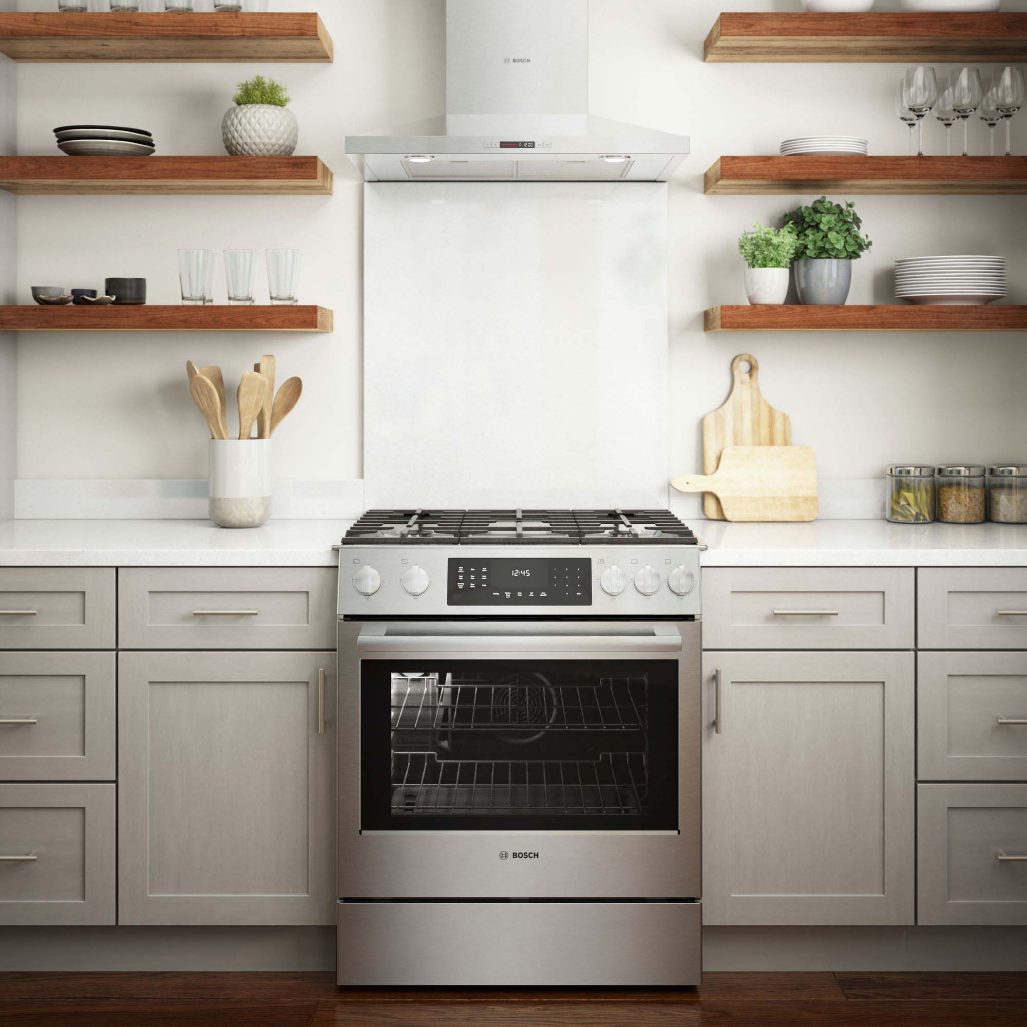 Bosch Benchmark 30 in. 4.8 cu. ft. Standard Convection Slide-In Gas Range with 5 Sealed Burners - Stainless Steel, , hires