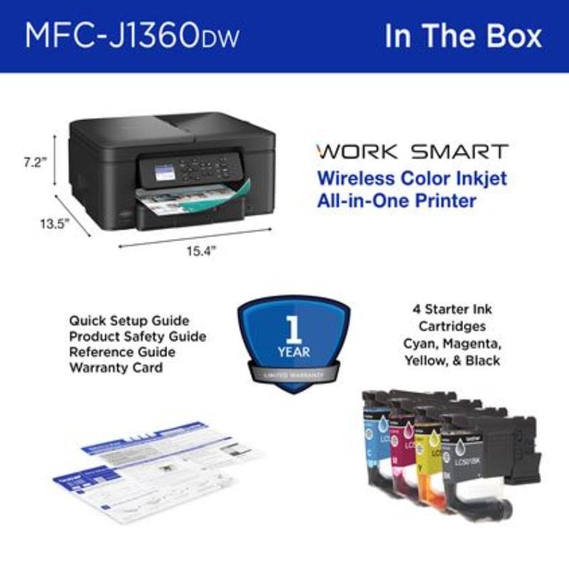 Brother Work Smart 1360 Wireless Color Inkjet All-in-One Printer with Automatic Duplex Printing and 1.8" Color Display, , hires