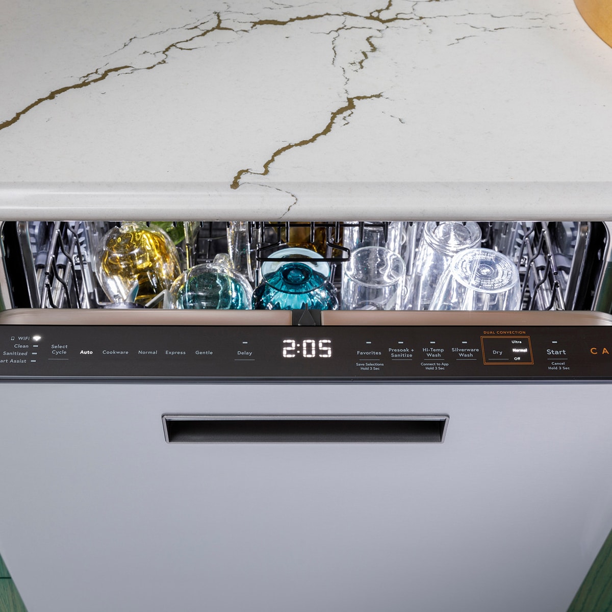 Cafe 24 in. Top Control Flush-Mount Smart Dishwasher with 39 dBa Sound Level, 3rd-Rack, Dual Convection Ultra Dry & Pocket Handle - Platinum Glass, , hires