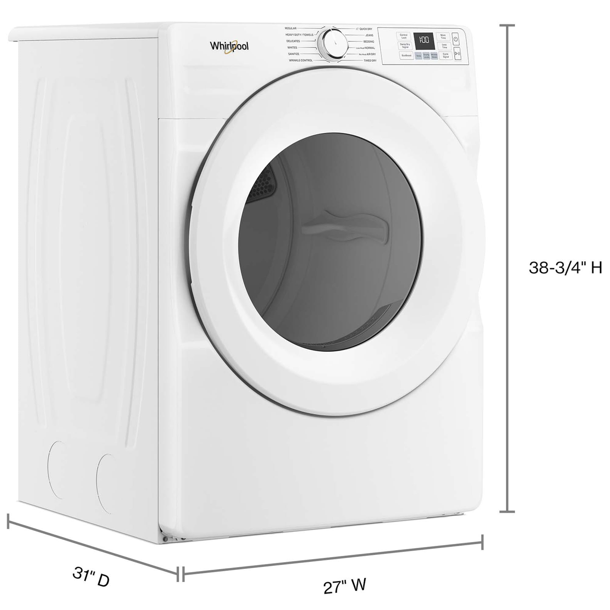 Whirlpool 27 in. 7.4 cu. ft. Stackable Electric Dryer with Quick Dry Cycle & Sanitize Cycle - White, , hires