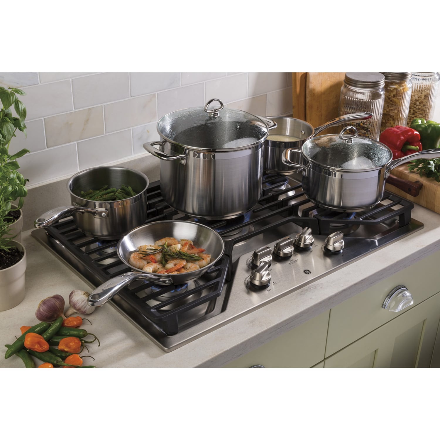 GE 30 in. 5-Burner Natural Gas Cooktop with Simmer Burner & Power Burner - Stainless Steel, Stainless Steel, hires