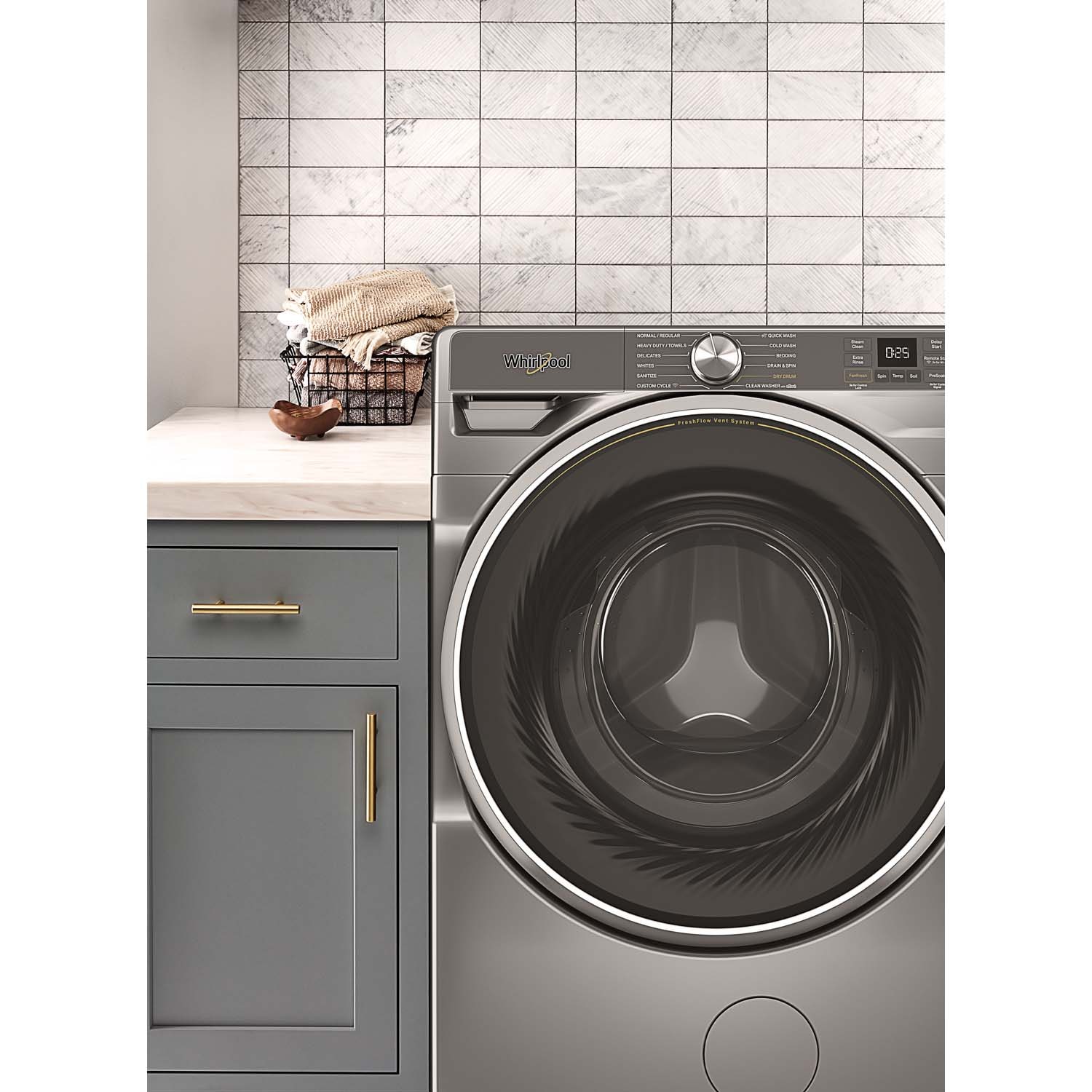 Whirlpool 27 in. 5.0 cu. ft. Smart Stackable Front Load Washer with FreshFlow Vent System, Sanitize & Steam Cycle - Radiant Silver, Radiant Silver, hires