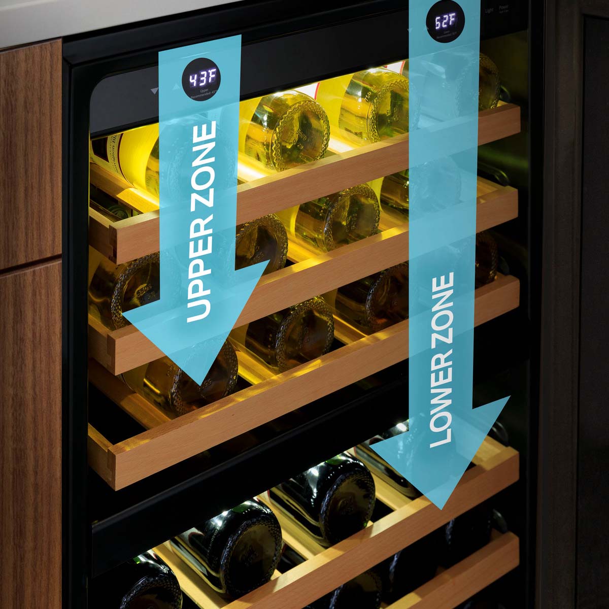 GE 24 in. Undercounter Wine Cooler with Wood Racks, Dual Temperature Zones & 44 Bottle Capacity - Stainless Steel, , hires