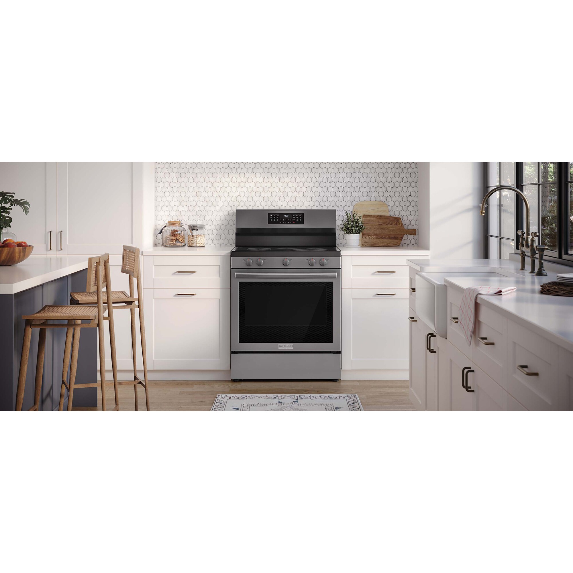 Frigidaire Gallery 30 in. 5.3 cu. ft. Air Fry Standard Convection Steam Electric Range with Smoothtop Burners - Black Stainless, Black Stainless, hires