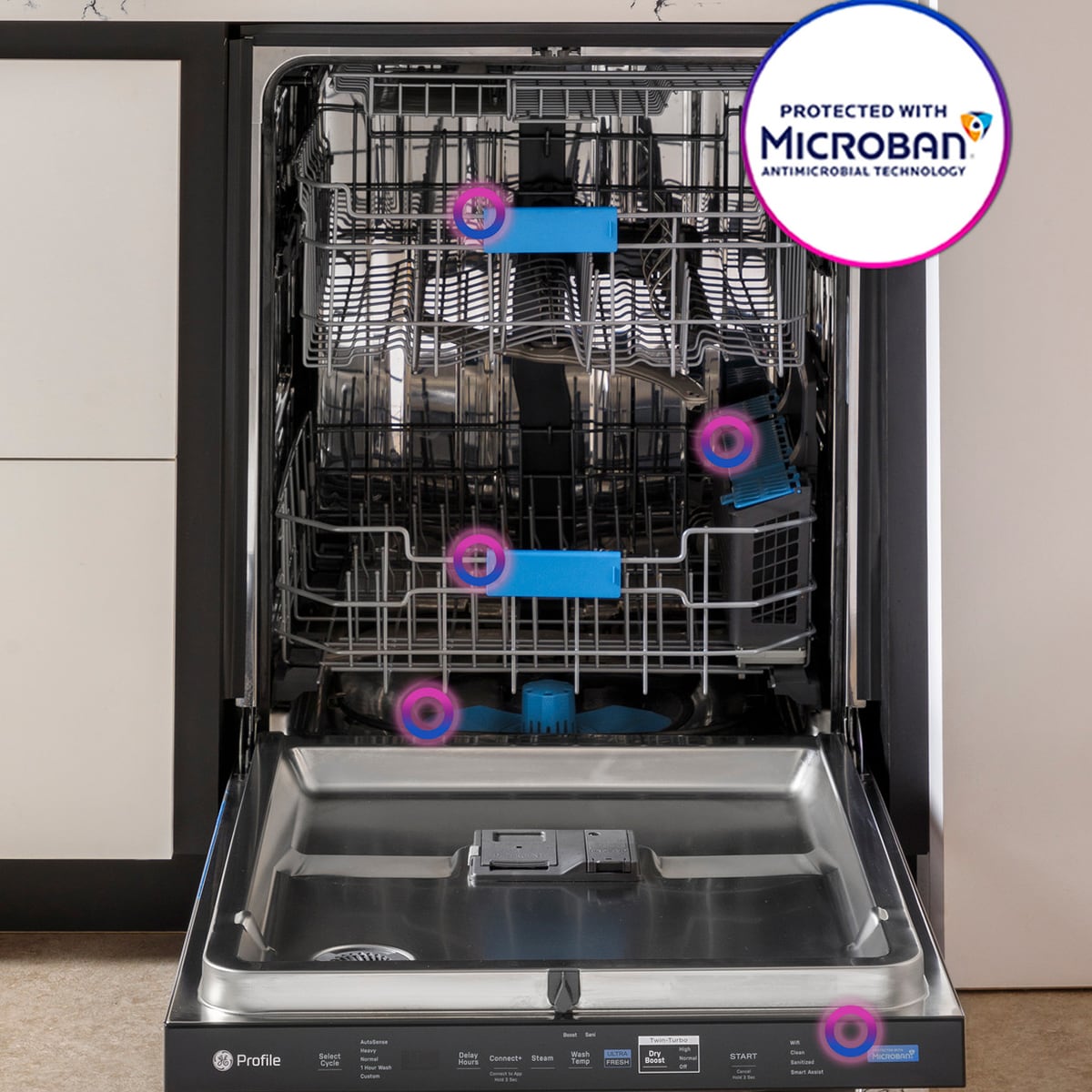 GE Profile 24 in. Top Control Flush-Mount Smart Dishwasher with 39 dBa Sound Level, 3rd-Rack & Twin Turbo Dry Boost - Fingerprint Resistant Stainless, , hires