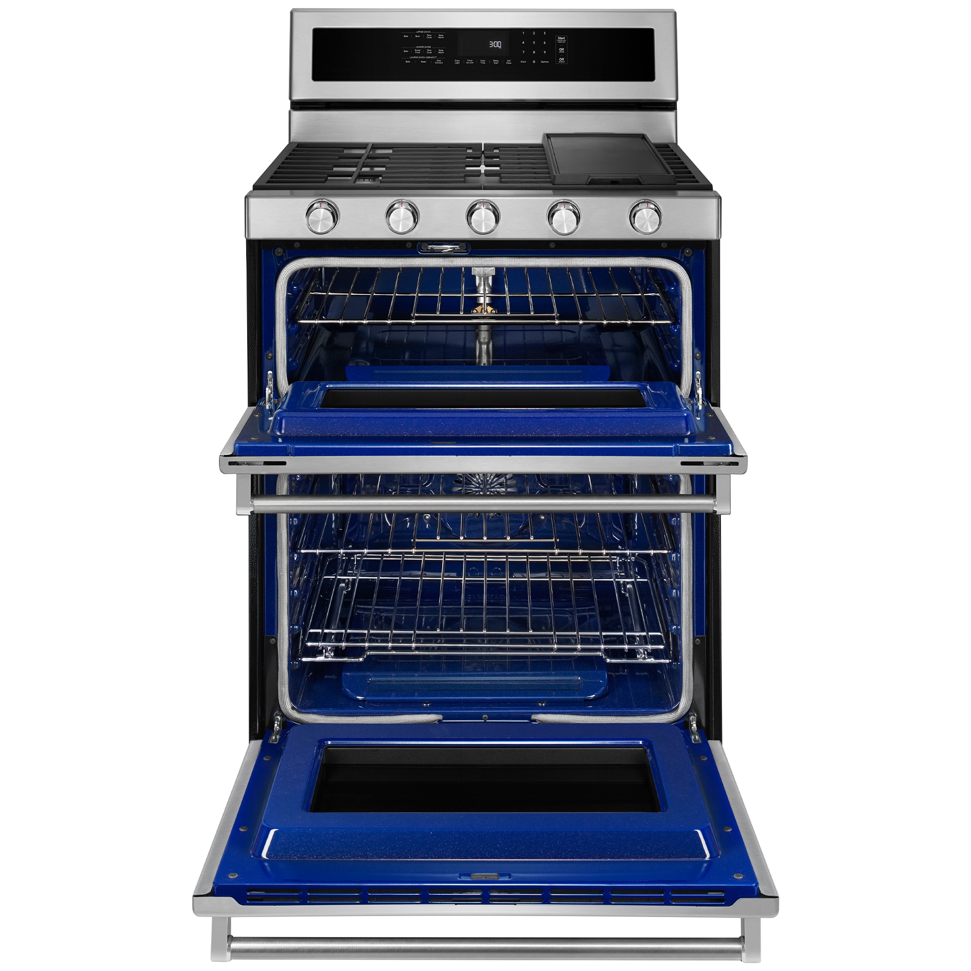 KitchenAid 30 in. 6 cu. ft. True European Convection Double Oven Gas Range with 5 Sealed Burners & Griddle - Stainless Steel, Stainless Steel, hires