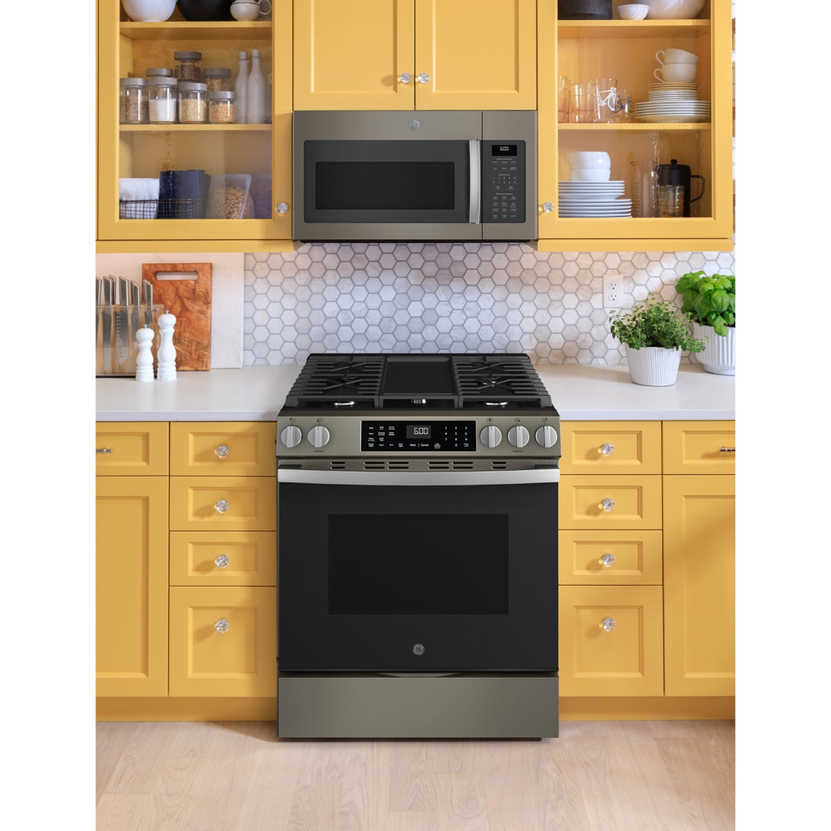 GE 30 in. 5.3 cu. ft. Smart Air Fry Standard Convection Slide-In Gas Range with 5 Sealed Burners & Griddle - Slate, , hires