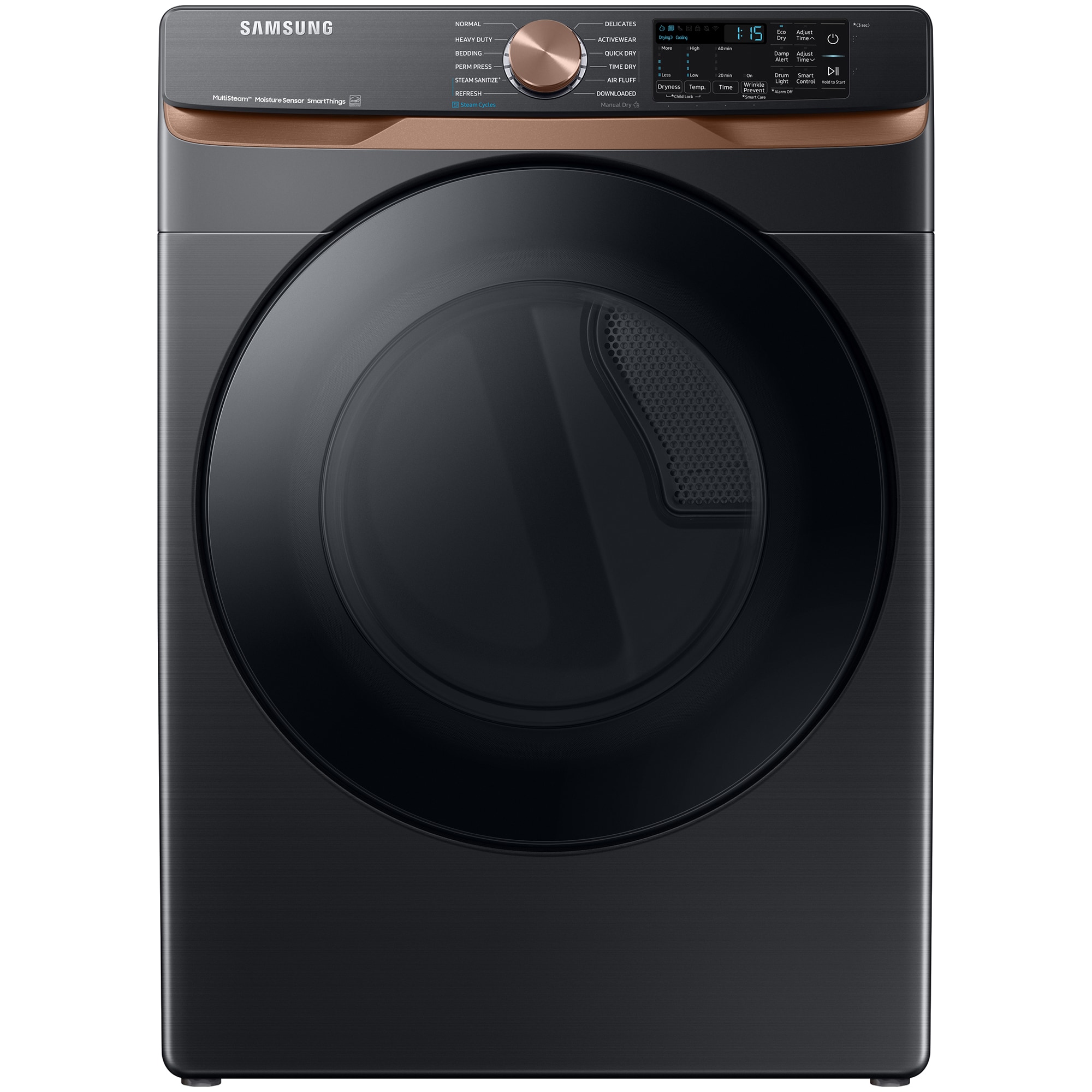 Samsung 27 in. 7.5 cu. ft. Smart Stackable Electric Dryer with Sanitize+, Steam Cycle & Sensor Dry - Brushed Black, Brushed Black, hires