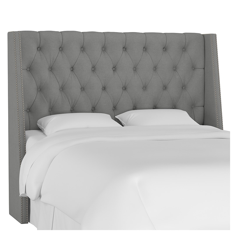 Skyline Twin Nail Button Tufted Wingback Headboard in Linen - Grey, Grey, hires