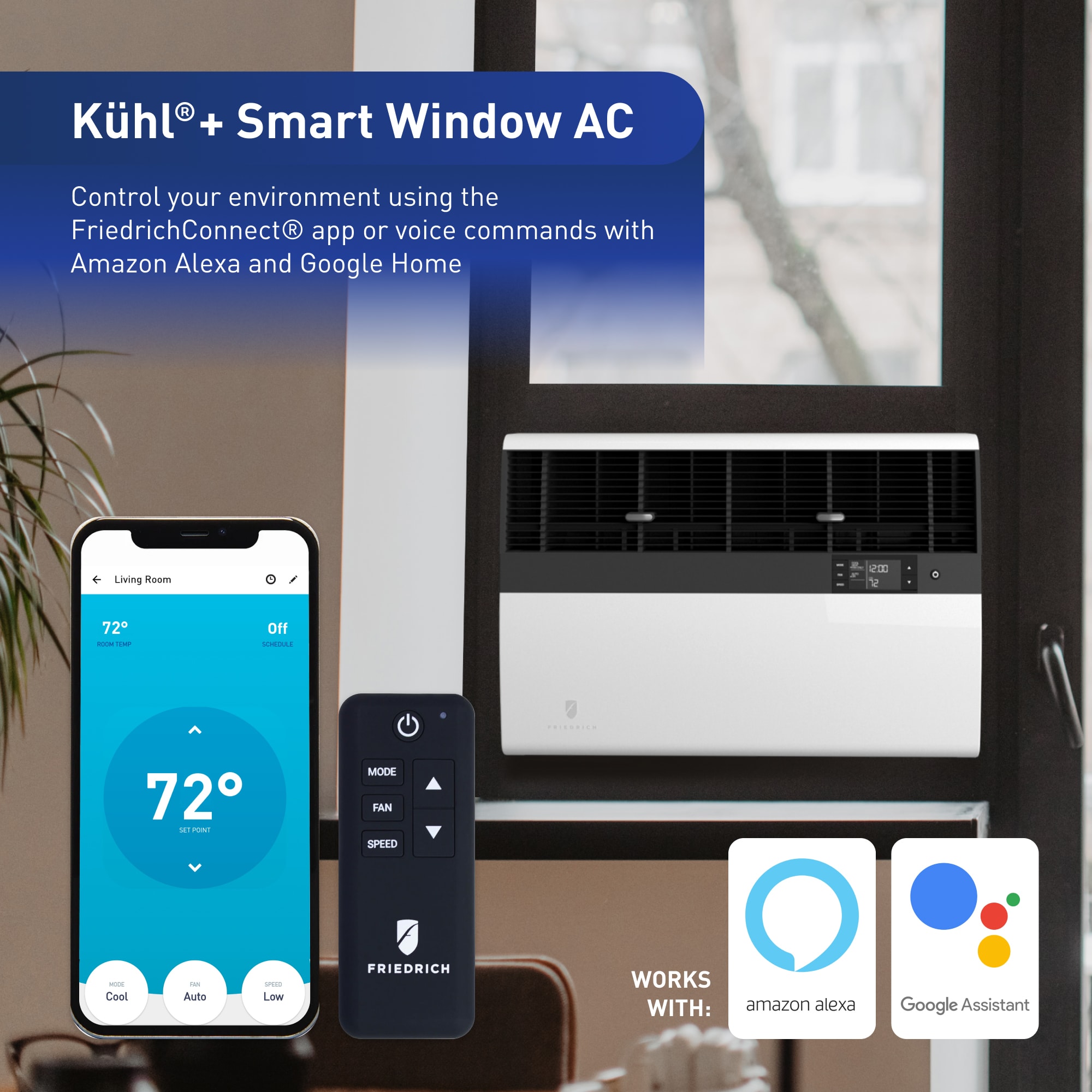 Friedrich Kuhl Series 12,000 BTU 230V Heat/Cool Smart Window/Wall Air Conditioner with 3 Fan Speeds & Remote Control - White, , hires