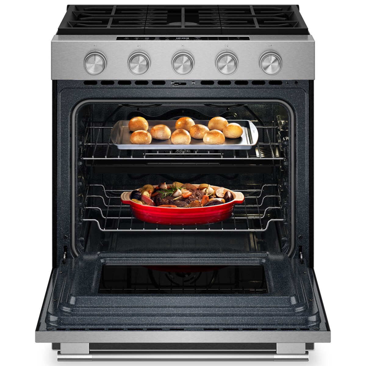 KitchenAid 30 in. 5.0 cu. ft. Smart Air-Fry True European Convection Steam Slide-In Gas Range with 5 Sealed Burners & Griddle - Fingerprint Resistant Stainless Steel, , hires