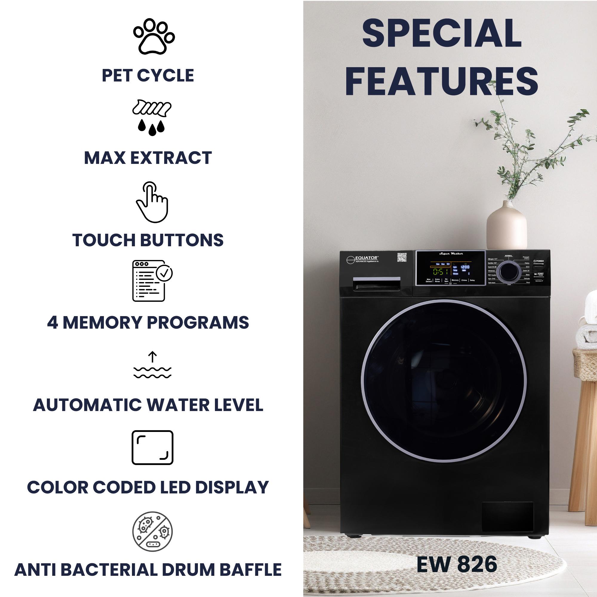 Equator 24 in. 1.6 cu. ft. Electric Front Load Laundry Center with Pet Cycle, Sanitize Cycle & Sensor Dry - Black, Black, hires