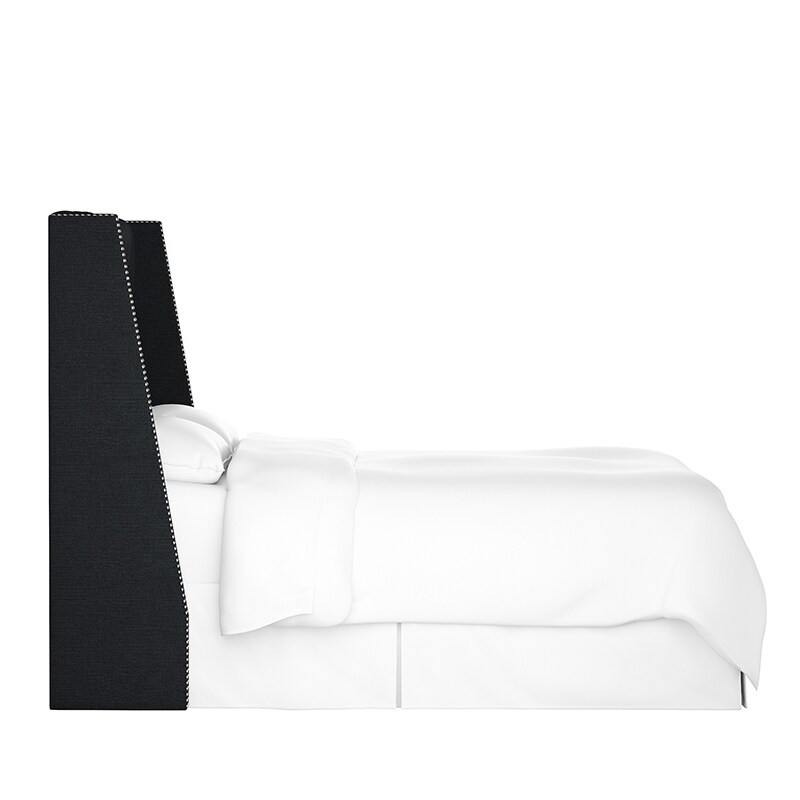 Skyline Full Nail Button Tufted Wingback Headboard in Linen - Black, Black, hires