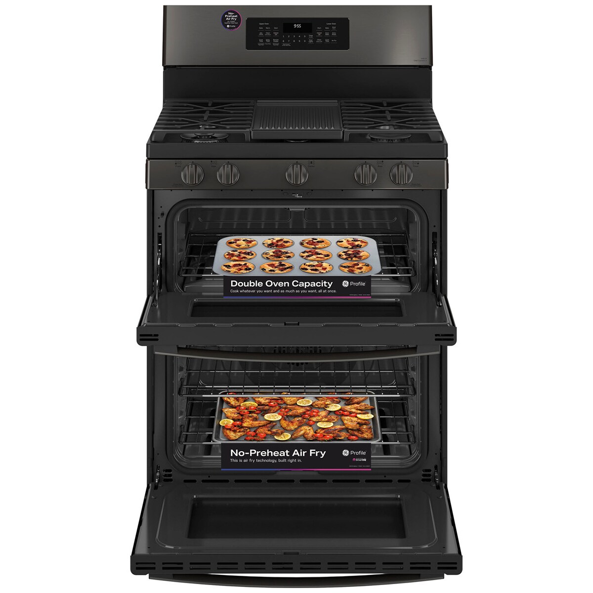 GE Profile 30 in. 6.8 cu. ft. Smart Air Fry True European Convection Double Oven Gas Range with 5 Sealed Burners, Grill & Griddle - Black Stainless, Black Stainless, hires