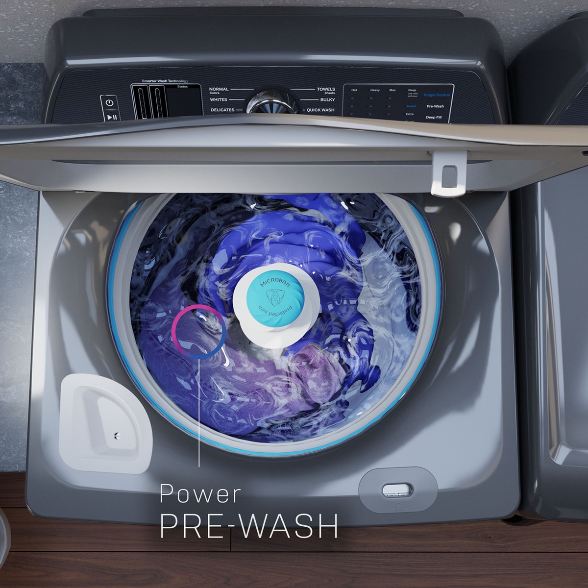 GE Profile 28 in. 5.3 cu. ft. Smart Top Load Washer with Agitator, Smarter Wash Technology, FlexDispense & Sanitize with Oxi - Diamond Gray, Diamond Gray, hires