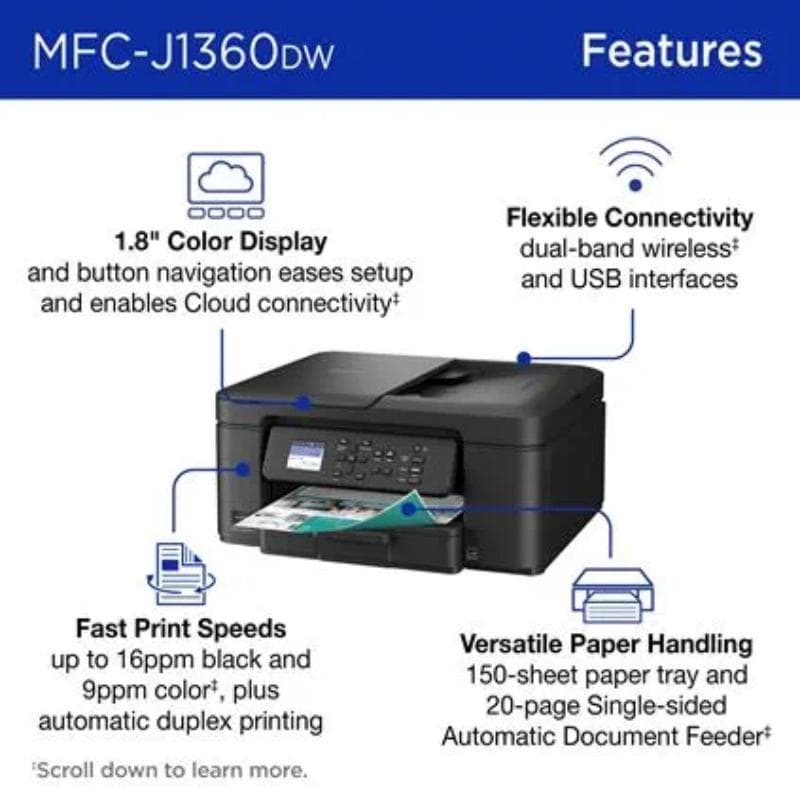 Brother Work Smart 1360 Wireless Color Inkjet All-in-One Printer with Automatic Duplex Printing and 1.8" Color Display, , hires