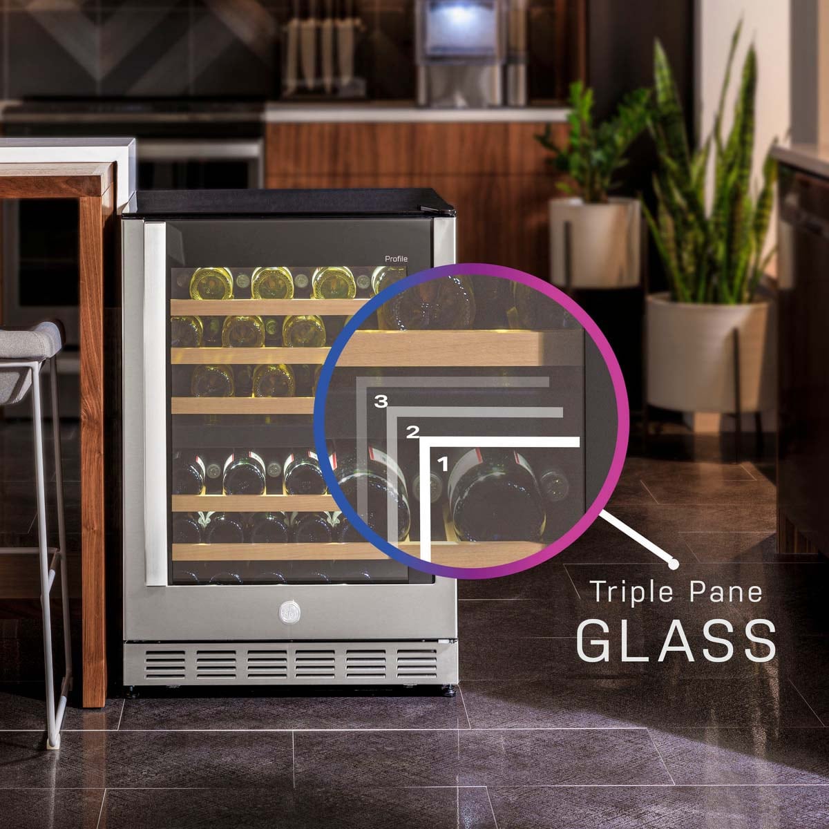 GE 24 in. Undercounter Wine Cooler with Wood Racks, Dual Temperature Zones & 44 Bottle Capacity - Stainless Steel, , hires