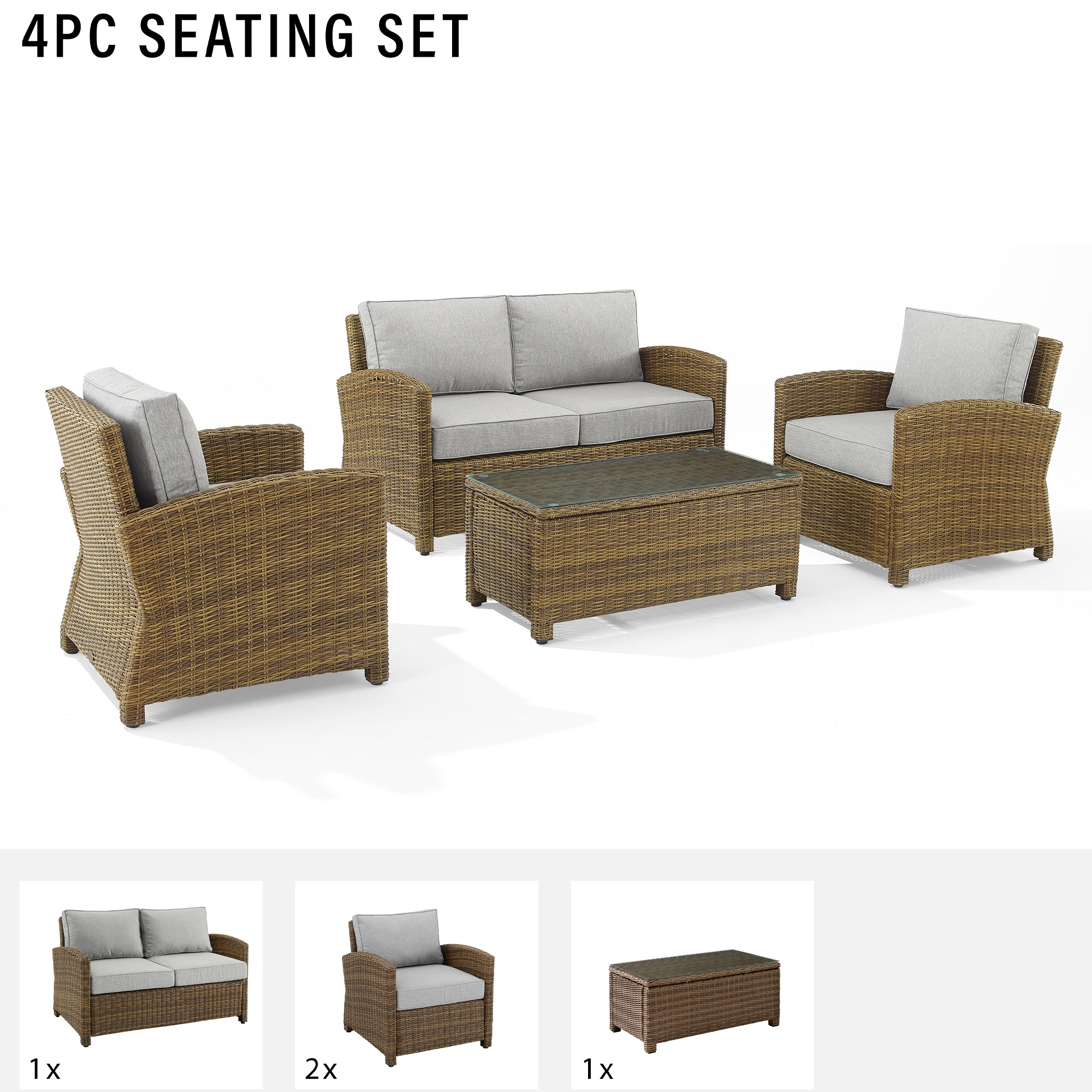 Crosley Bradenton 4-Piece Outdoor Loveseat Patio Furniture Set - Gray, , hires