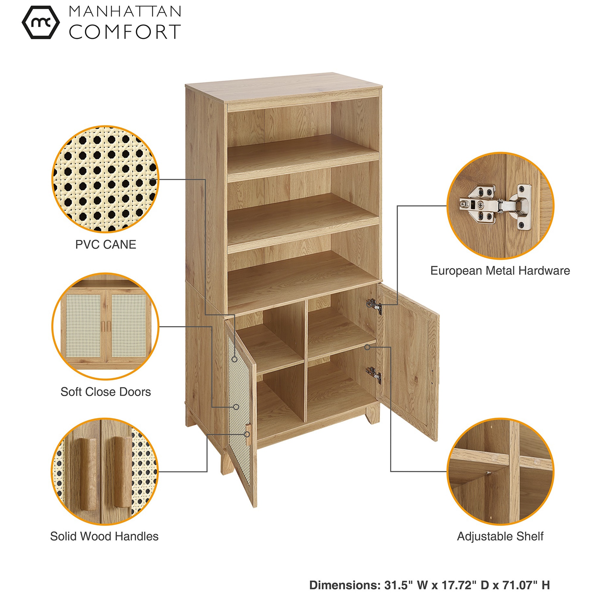 Manhattan Comfort Sheridan Modern Cane Bookcase with Adjustable Shelves - Nature, , hires