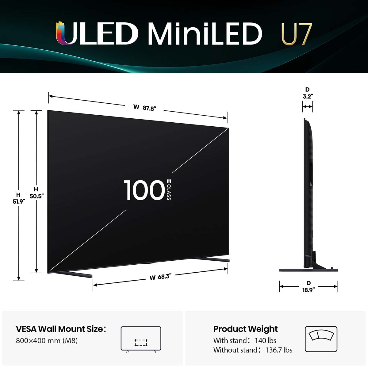 Hisense - 100" Class U7 Series ULED Mini-LED 4K UHD Smart Google TV, , hires