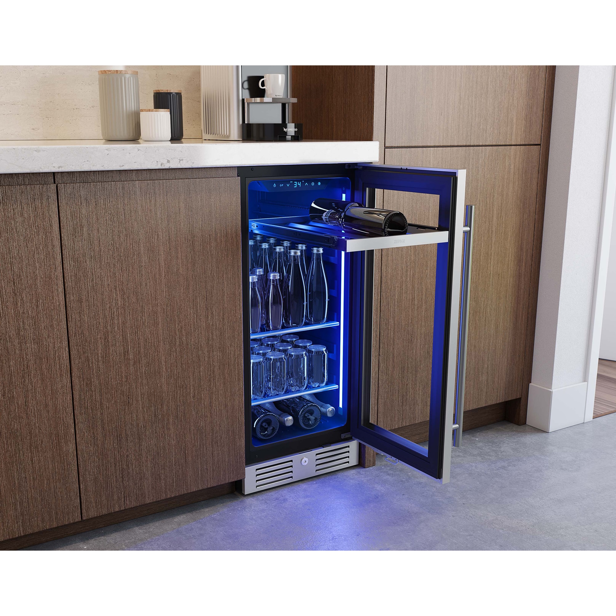 Zephyr Presrv Series 15 in. Built-In/Freestanding 3.4 cu. ft. Compact Beverage Center with Adjustable Shelves & Digital Control - Stainless Steel, , hires