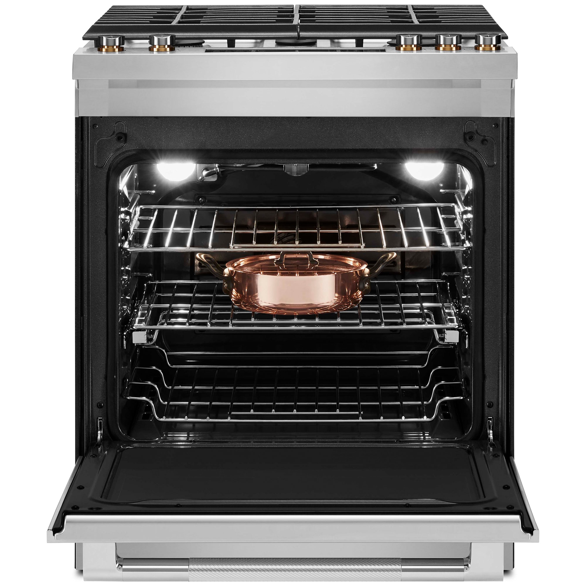 JennAir Rise Series 30 in. 6.4 cu. ft. Air Fry True European Convection Slide-In Gas Range with 5 Sealed Burners - Stainless Steel, , hires