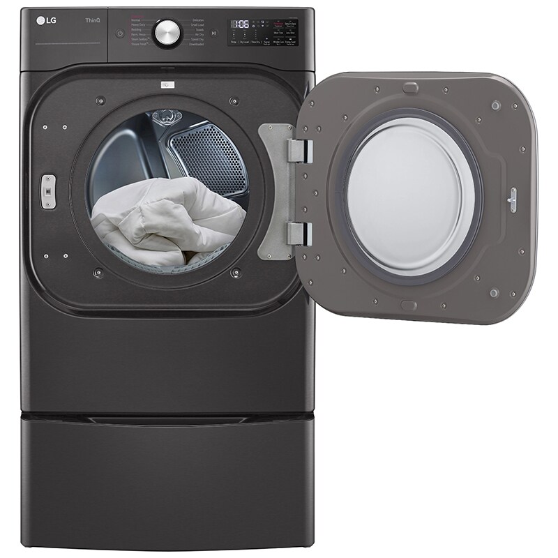 LG 29 in. 9.0 cu. ft. Smart Stackable Electric Dryer with Built-In Intelligence, TurboSteam Technology & Sensor Dry - Black Steel, Black Steel, hires
