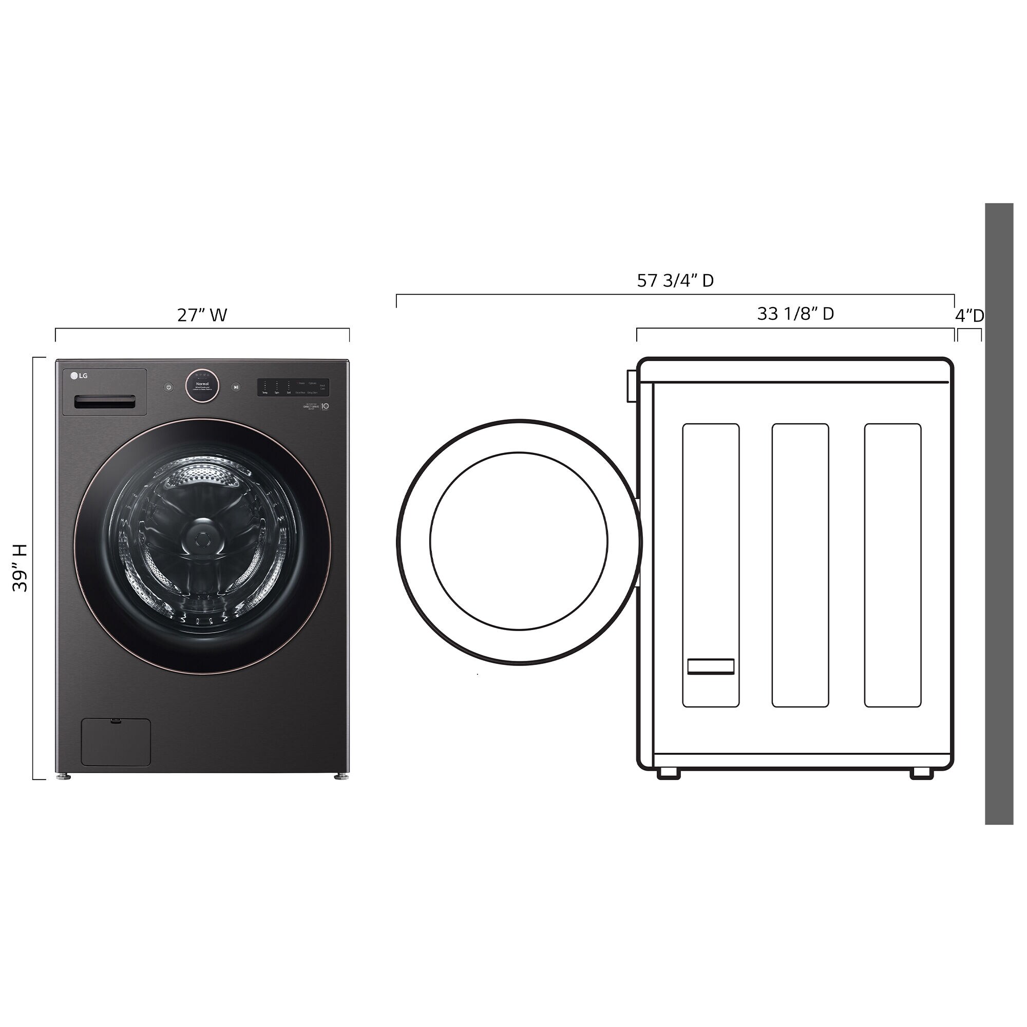 LG 27 in. 5.0 cu. ft. Smart Stackable Front Load Washer with AI DD Built-In Intelligence, TurboWash 360 Technology, Allergiene, Sanitize & Steam Wash Cycle - Black, Black Steel, hires