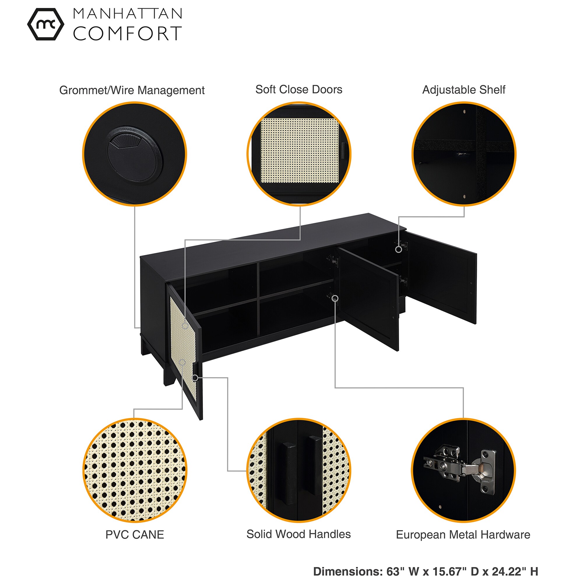 Manhattan Comfort Sheridan 62.99 inch Modern Cane TV Stand - Black, Black, hires