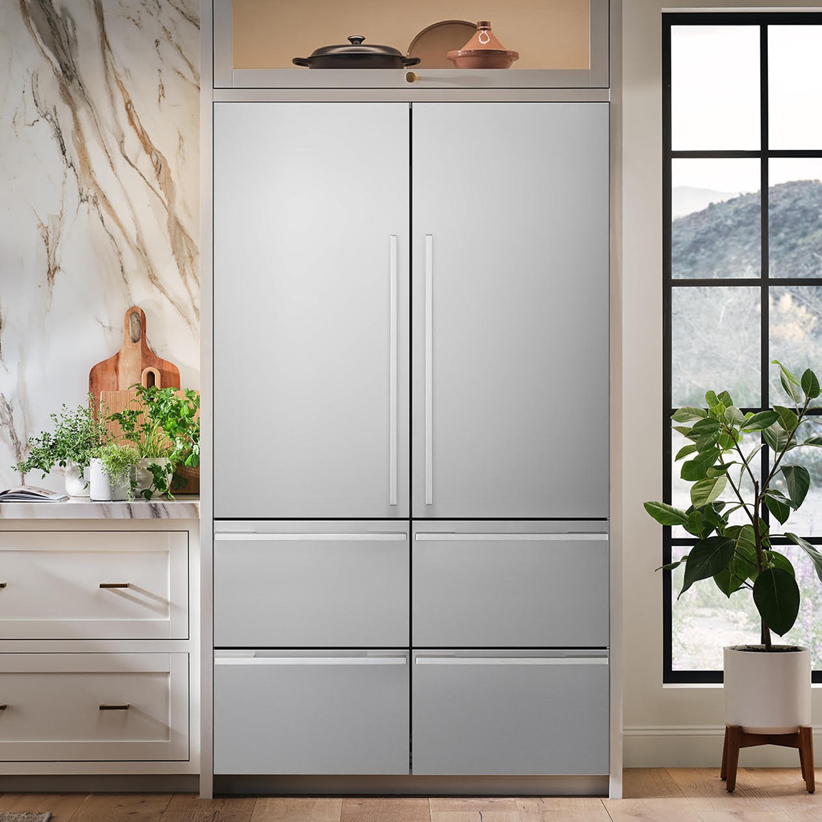 Signature Kitchen Suite 48 in. 26.0 cu. ft. Built-In Smart Counter Depth 6-Door French Door Refrigerator with Internal Water Dispenser - Stainless Steel, , hires